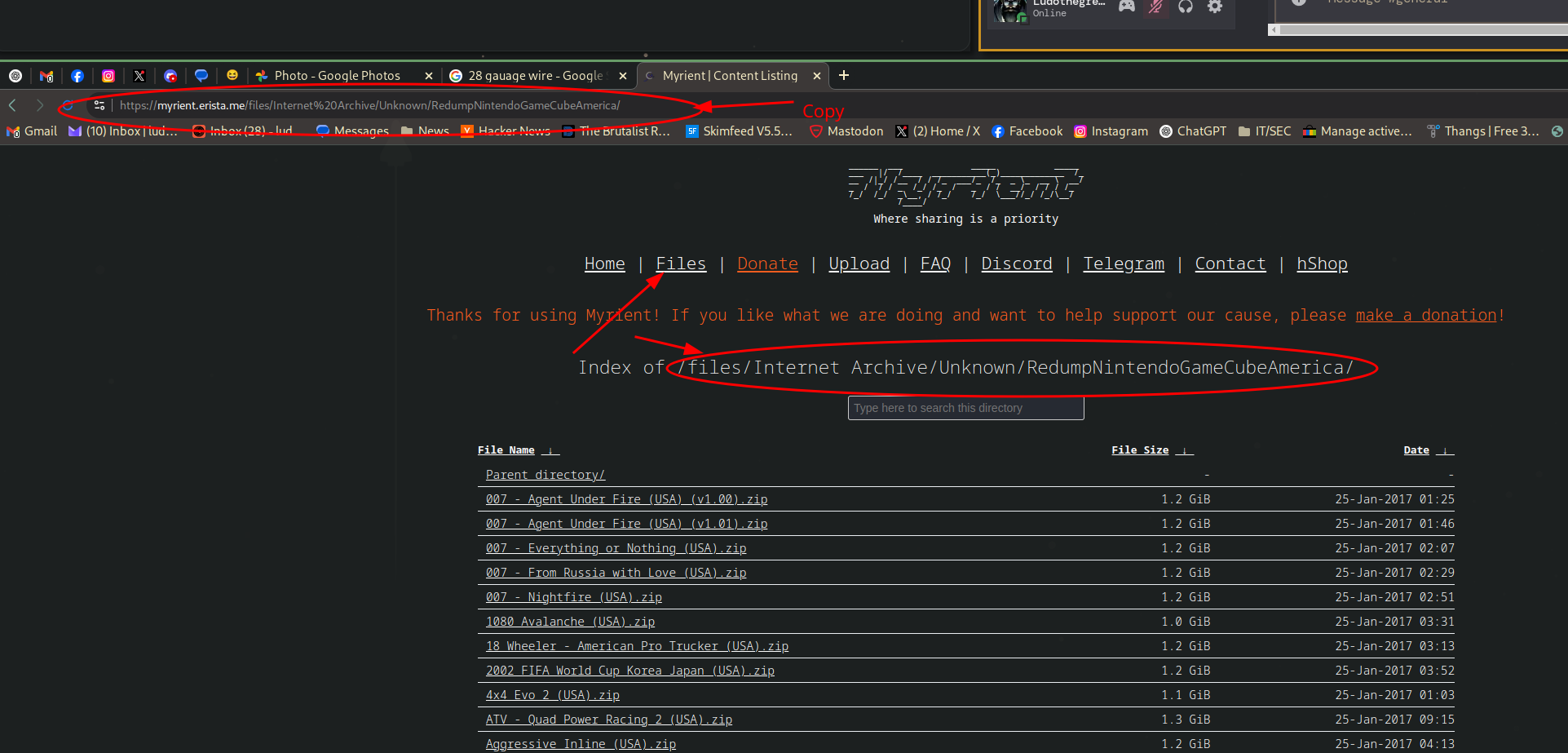 Myrient directory listing showing a list of game ROMs