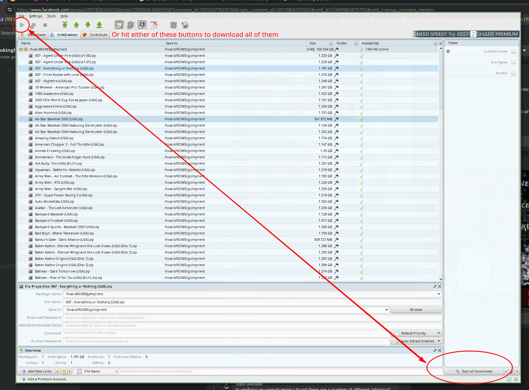 JDownloader's LinkGrabber tab with the 'Start all Downloads' button highlighted