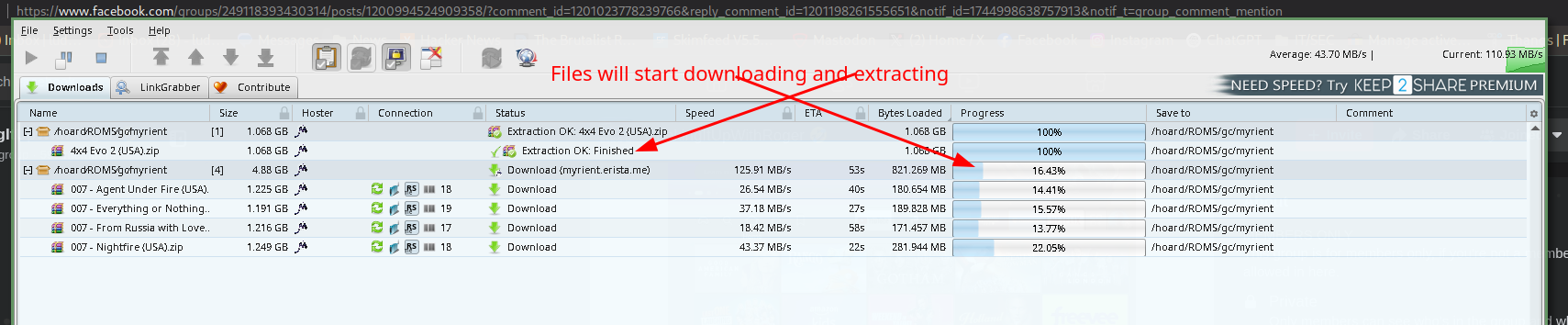 JDownloader's Downloads tab showing the progress of a download and extraction