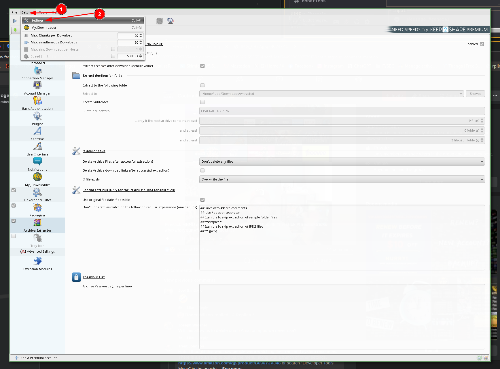 JDownloader settings panel with general settings selected