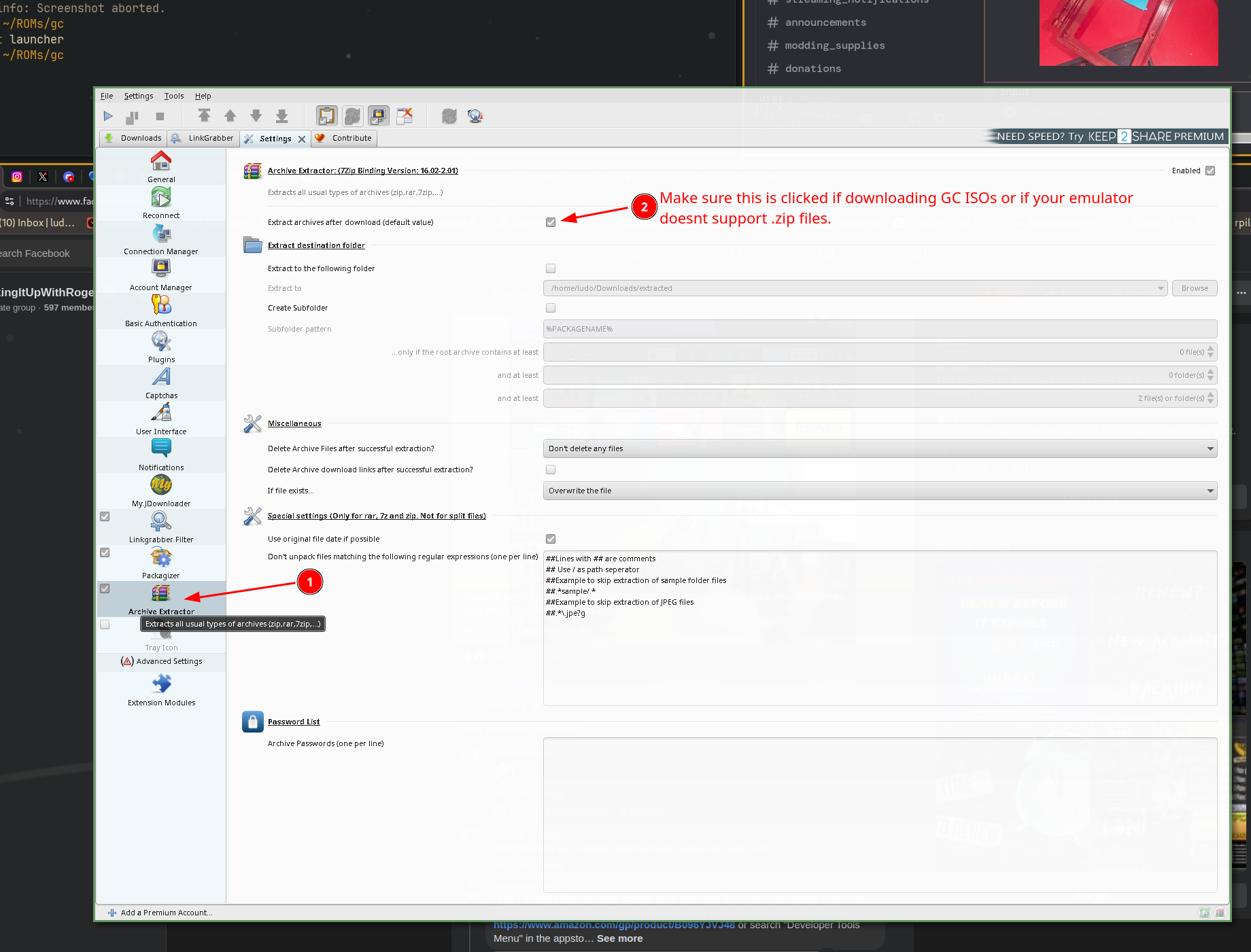 JDownloader settings showing the Archive Extractor settings with 'Extract archives after download' enabled