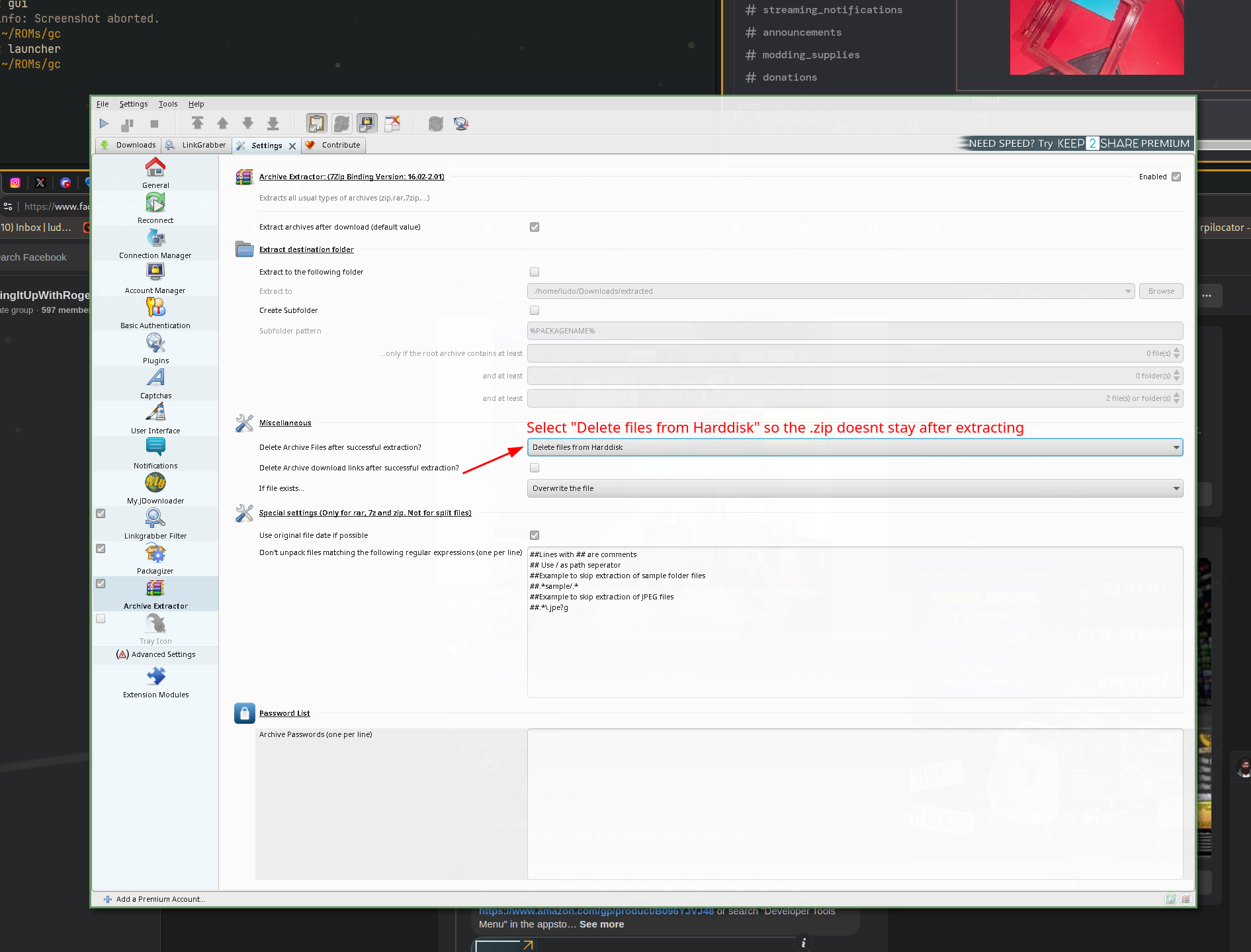 JDownloader settings showing the Archive Extractor settings with 'Delete archive files after extraction' set to 'Always'