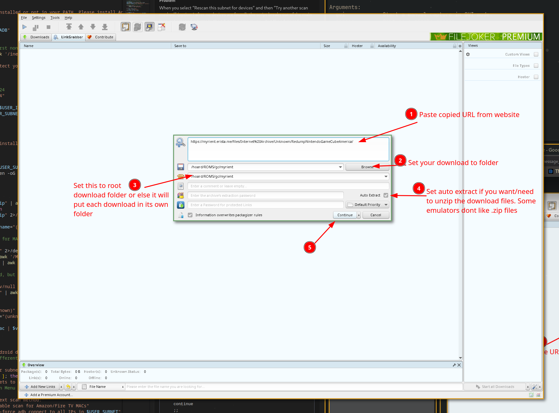 JDownloader's 'Add New Links' dialog with a URL pasted in and the 'Continue' button highlighted
