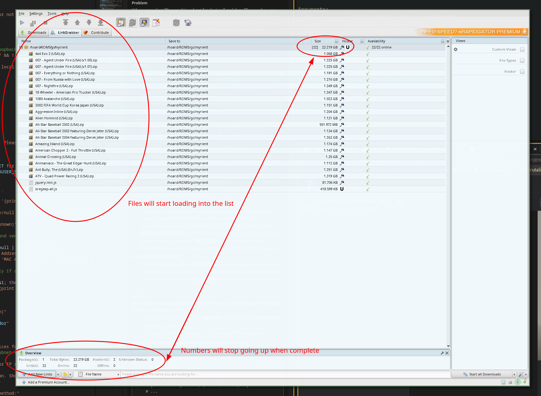 JDownloader's LinkGrabber tab showing a list of files being loaded from the provided URL