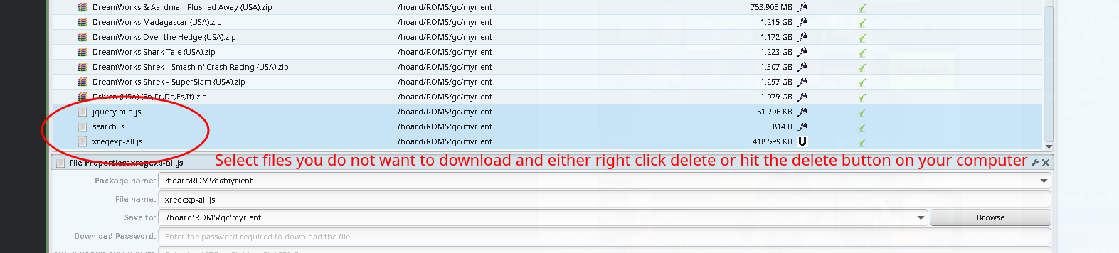 JDownloader's LinkGrabber tab with several files selected and the delete button highlighted